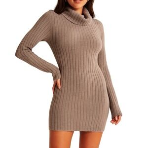 Abercrombie & Fitch Easy Fitting Ribbed Sweater Dress Small Taupe Gray Mini